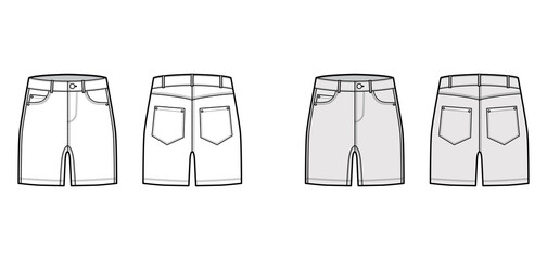 Denim short pants technical fashion illustration with mid-thigh length, low waist, rise, curved, coin, angled 5 pockets. Flat bottom template front, back, white grey color style. Women, men CAD mockup