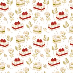Hand drawn colorful cake, bakery, and pastry seamless pattern with strawberry and floral leaf elements in black linear style and isolated white background for textile, fabric, paper, or gift wrapping