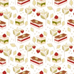 Hand drawn colorful cake, bakery, and pastry seamless pattern with strawberry and floral leaf elements in cute cartoon style and isolated white background for textile, fabric, paper, or gift wrapping