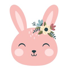 face of baby easter bunny. pink bunny girl with spring flowers. childrens easter illustration isolated on white background