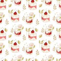 Hand drawn colorful cake, bakery, and pastry seamless pattern with strawberry and floral leaf elements in black linear style and isolated white background for textile, fabric, paper, or gift wrapping