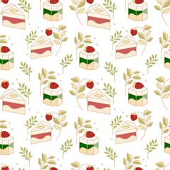 Hand drawn colorful cake, bakery, and pastry seamless pattern with strawberry and floral leaf elements in cute cartoon style and isolated white background for textile, fabric, paper, or gift wrapping