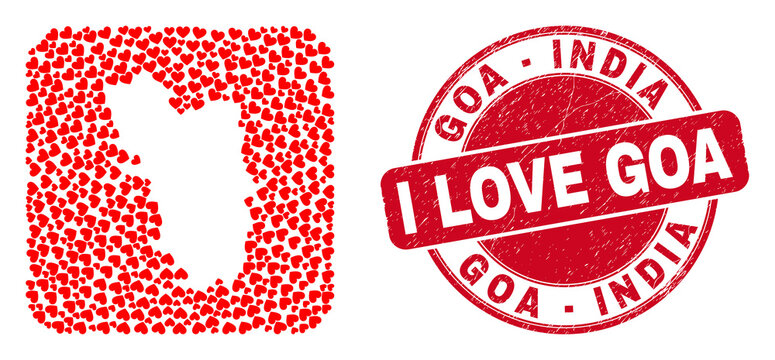 Vector mosaic Goa State map of valentine heart elements and grunge love seal stamp. Mosaic geographic Goa State map designed as stencil from rounded square with valentine hearts.