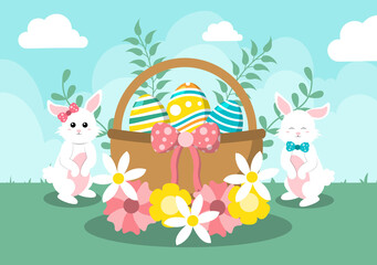 Happy Easter Day Flat Design Illustration Background for Poster, Invitation, and Greeting Card. Rabbit and Eggs Concept.