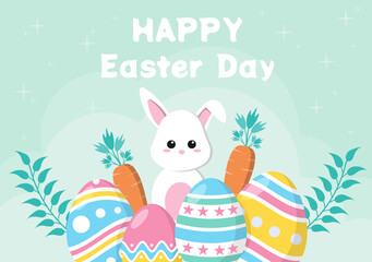 Obraz na płótnie Canvas Happy Easter Day Flat Design Illustration Background for Poster, Invitation, and Greeting Card. Rabbit and Eggs Concept.