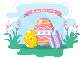 Happy Easter Day Flat Design Illustration Background for Poster, Invitation, and Greeting Card. Rabbit and Eggs Concept.