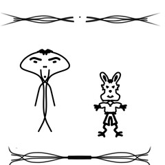 Very strange animated characters. An alien creature and a creature similar to a hare or rabbit.