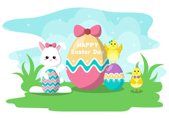 Happy Easter Day Flat Design Illustration Background for Poster, Invitation, and Greeting Card. Rabbit and Eggs Concept.