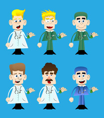 Funny cartoon doctor holding a test tube. Vector illustration. Medical worker developing medicine.