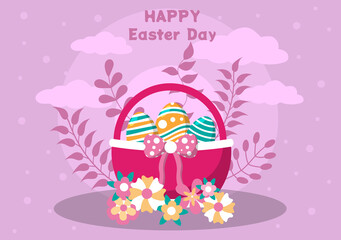 Happy Easter Day Flat Design Illustration Background for Poster, Invitation, and Greeting Card. Rabbit and Eggs Concept.