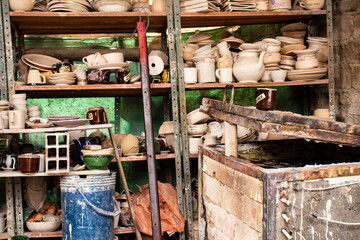 Ceramics on the elaboration process at a traditional factory at the small city of Raquira in Colombia