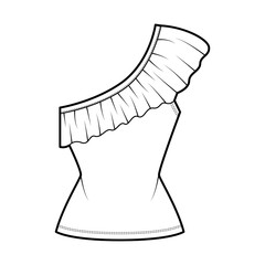 Top one-shoulder technical fashion illustration with ruffles, fitted body, stretch cotton. Flat apparel shirt template front, white color. Women, men unisex CAD mockup