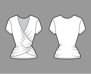 Ballet wrap top technical fashion illustration with short sleeves, fitted body, stretch cotton. Flat apparel shirt template front, back, white color. Women, men unisex CAD mockup