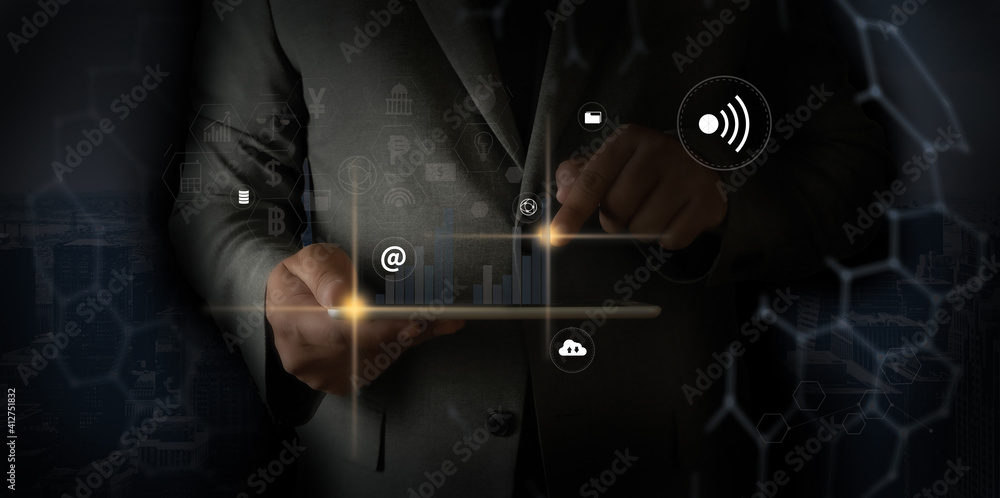 Poster technology about internet of thing concept man use smartphone with iot, internet of things internet 