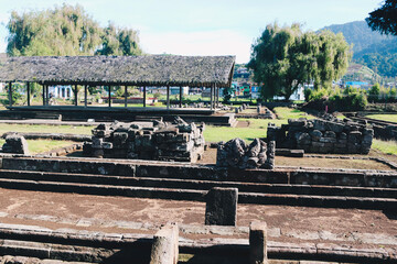 Local tourists visit Arjuna temple complex at Dieng Plateau.