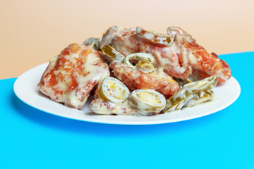 Korean chicken on plate on a blue and brown background, front view.
