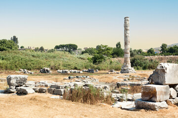 Ruin of the Temple of Artemis in Turkey. Historic travel concept. Summer holiday.