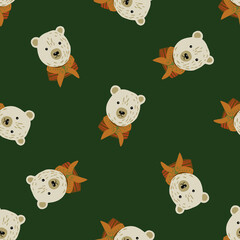 Seamless random pattern with doodle bear head ornament. Green olive background. Simple design.