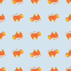 Contrast orange bright lion shapes print seamless pattern. Doodle stylistic. Blue light background.