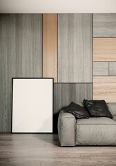 modern interior with empty picture frame on wood wall background, living room,  3D 3D illustration
