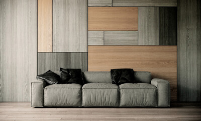 wood wall with gray sofa in modern interior background, living room,  3D render illustration