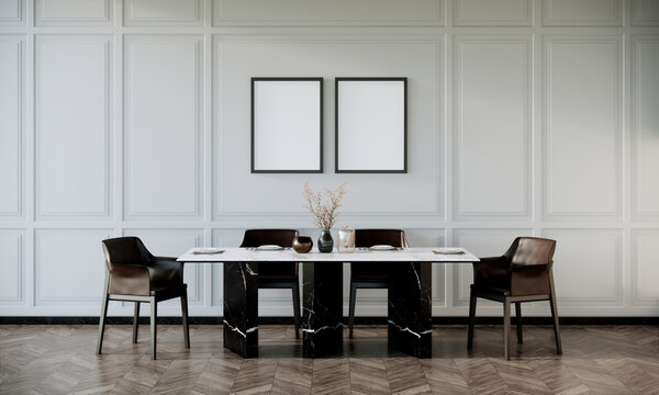vertical picture frames mock up in modern retro dinning room interior with black chairs and dining table with wooden floor and white wall, 3d rendering	
