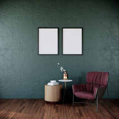 vertical picture frames mock up in modern retro living room interior with armchairs and table with wooden floor and green wall, 3d rendering	