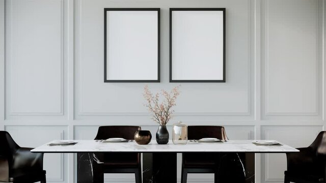 vertical picture frames mock up in modern retro dinning room interior with black chairs and dining table with wooden floor and white wall, zoom out shot, video ultra HD 4K, 3D rendering animation