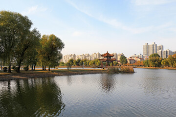 Fototapeta na wymiar Autumn scenery of waterfront city, North China