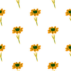 Isolated summer seamless pattern with bright yellow flower silhouettes. White background. Flora nature backdrop.