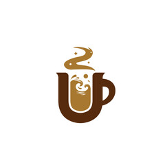 Letter U coffee logo with sea ocean wave illustration inside mug icon symbol