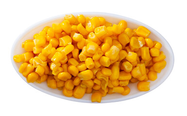 Grains boiled corn on plate. Healthy vegetarian ingredient. Isolated over white background