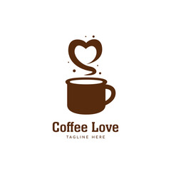 Coffee love logo, brown coffee mug logo with love shape aroma icon symbol