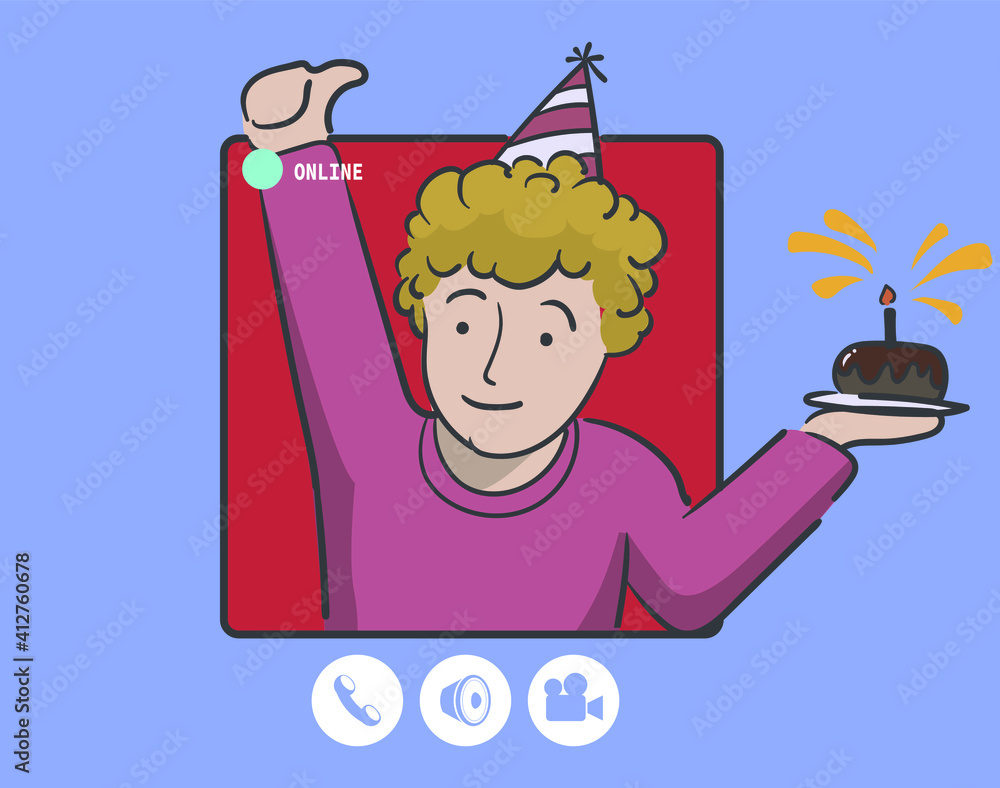 Aufkleber computer screen while a man hold the cake and make a birthday party for his friend through the inter