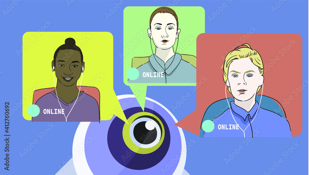 Poster cropped image of camera that show the display of three people who join the video conference.