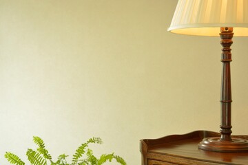 put a mahogany shade lamp on a oak side table. 

This expensive antique furniture is made in England.  
blurred background with soft focus image.