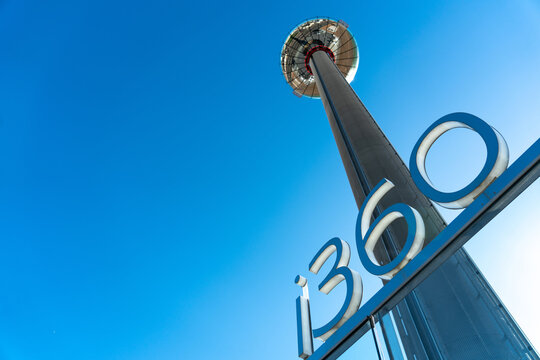Brighton, England-6 October,2018: The British Airways i360 skyline tower  tallest in the world for sightseeing attraction designed by David Marks and Julia Barfield at Brighton Pier, UK.