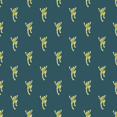 Green colored frog silhouettes print seamless pattern in doodle style. Navy blue background. Kids print.
