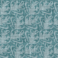 Aegean teal mottled flower linen texture background. Summer coastal living style 2 tone fabric effect. Sea green wash distressed grunge material. Decorative floral motif textile seamless pattern 
