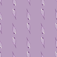 Animal seamless pattern with simple hand drawn parrot tropical bird ornament. Purple tones artwork.