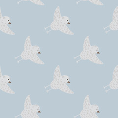 Cartoon seamless ornithology pattern with pale blue birds ornament. Simple doodle design.