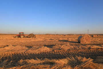 farmers use agricultural machinery to compress rice straw and bundle them on a farm, LUANNAN...