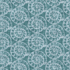 Aegean teal mottled seashell linen texture background. Summer coastal living style 2 tone fabric effect. Sea green wash distressed grunge material. Decorative shell motif textile seamless pattern

