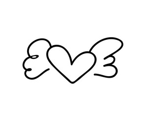 Hand drawn heart with wings vector symbol isolated on white background
