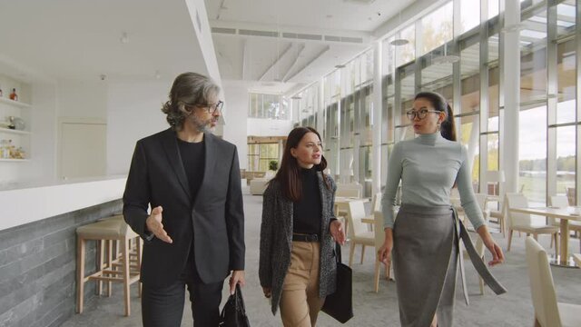 Medium front-view slow-motion shot of group of multi-ethnic business-like adult people talking while walking along luxurious restaurant in beige colors with panoramic windows