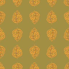 Obraz premium Botanic jungle seamless pattern with orange hand drawn monstera ornament. Pale green olive background.