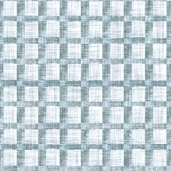 Fototapeta premium Aegean teal mottled geo patterned linen texture background. Summer coastal living style home decor fabric effect. Sea green wash grunge distressed geometric grid. Decorative textile seamless pattern 