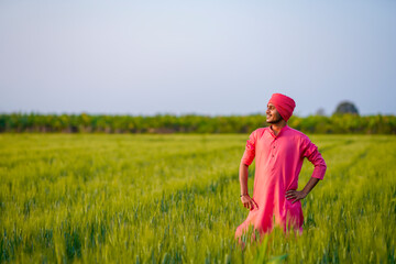 Young indian farmer standing at green wheat field