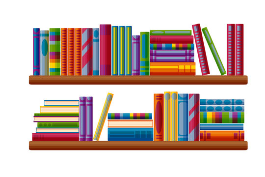 Bookcase shelves set. Bestseller bookshop in cartoon style. Vector illustration isolated on white background