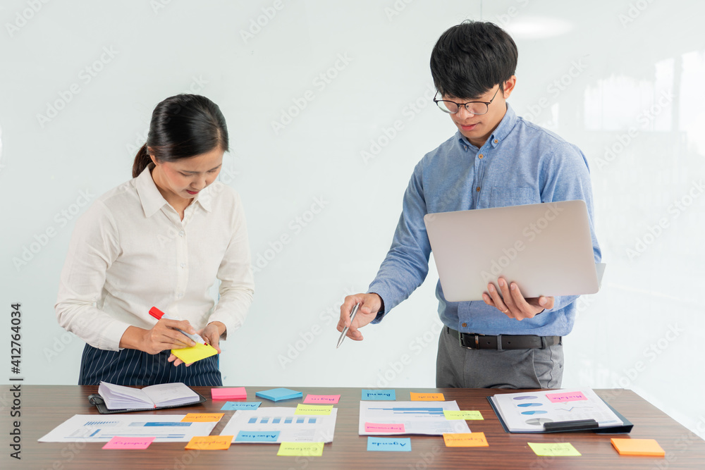 Poster creative group of business people brainstorming use sticky notes picking to share idea on table deci